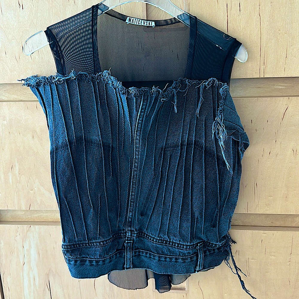 Black denim skirt top with black mesh